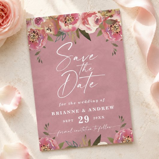 Bloeiende Chic Wilde Roos Roze Foto Bruiloft Save The Date