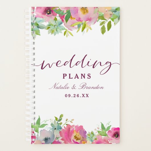 Bloeiende Chique Mint & Blush Bloemen Bruiloft Pla Planner (Voorkant)