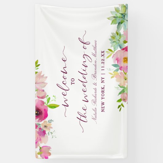 Bloeiende Chique Mint & Blush Bloemen Bruiloft Wel Spandoek (Verticaal)