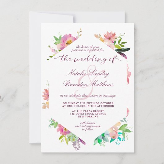 Bloeiende Chique Mint & Blush Bloemen Hexagon Brui Kaart (Voorkant)