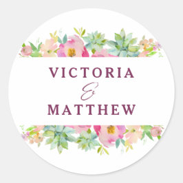 Bloeiende Chique Mint & Blush Bloemen Monogram Bru Ronde Sticker