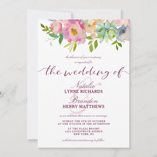 Bloeiende Chique Mint & Blush Roze Bloemen Bruilof Kaart (Voorkant)