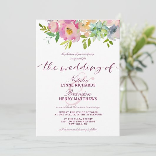 Bloeiende Chique Mint & Blush Roze Bloemen Bruilof Kaart (Staand voorkant)