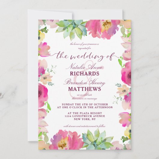 Bloeiende chique munt & blozend bloemgrens bruilof kaart (Voorkant)