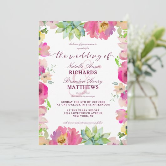 Bloeiende chique munt & blozend bloemgrens bruilof kaart (Staand voorkant)