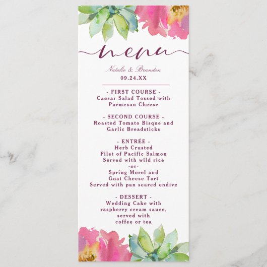 Bloeiende chique munt & blush roze bloemendiner menu (Voorkant)