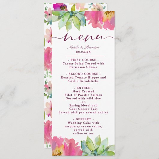 Bloeiende chique munt & blush roze bloemendiner menu (Voorkant / Achterkant)