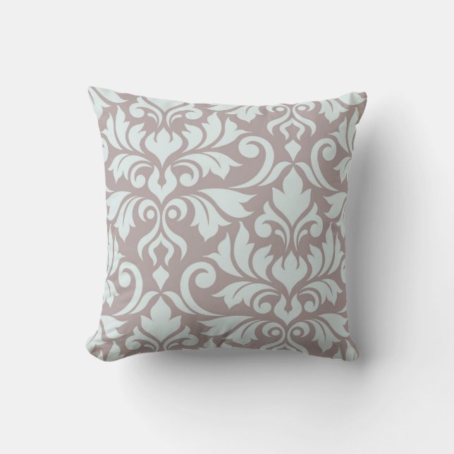 Bloeiende Damask Art I Duck Egg Blue op Taupe Kussen (Voorkant)