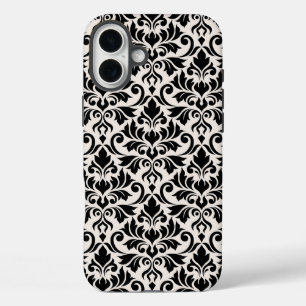 Bloeiende Damast Groot Patroon Zwart op Crème iPhone 16 Plus Hoesje