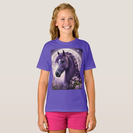 Bloeiende dromen: het Paarse Floral Fantasy Horse T-shirt (Voorkant volledig)
