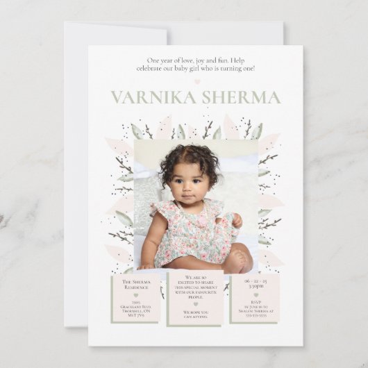 Bloeiende eerste verjaardag uitnodiging (Voorkant)