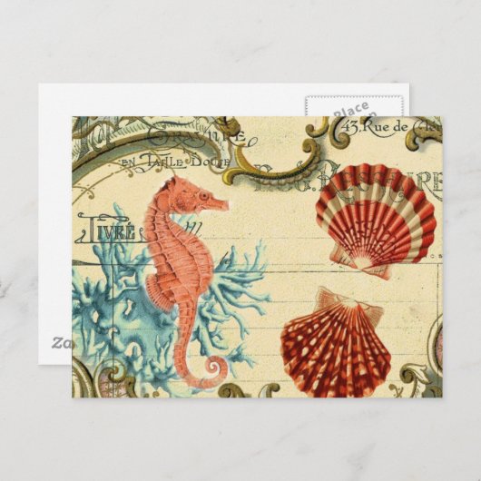 Bloeiende Franse moderne  zeeschelp zeepaardje Briefkaart (Voorkant / Achterkant)
