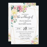 Bloeiende geometrische bruiloft uitnodiging<br><div class="desc">pastel waterverf tuin bloemstukken met gouden geometrische vormen,  huwelijksuitnodiging. Tekst,  tekenstijl,  kleur en grootte aanpassen.</div>