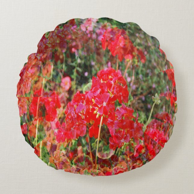 Bloeiende geraniums.... rond kussen (Voorkant)