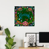 Bloeiende Groene Roze Bloemen  Inspirerend Poster (Thuiskantoor)
