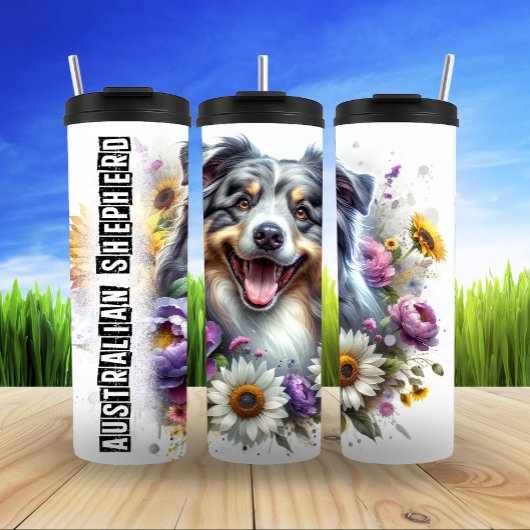 Bloeiende Happy Gaze van Australian Shepherd Thermosbeker