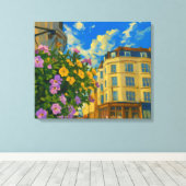 Bloeiende Hoek – Levendige Europese Straat  Canvas Afdruk (Insitu (Houten vloer))