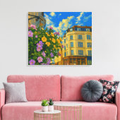 Bloeiende Hoek – Levendige Europese Straat  Canvas Afdruk (Insitu (Woonkamer))