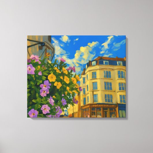 Bloeiende Hoek – Levendige Europese Straat  Canvas Afdruk (Voorkant)