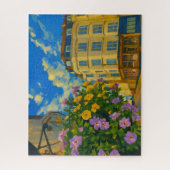 Bloeiende hoek – levendige Europese straat Legpuzzel (Verticaal)