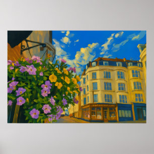 Bloeiende hoek – levendige Europese straat Poster