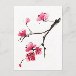 Bloeiende kers. Lente bloesem. Inkt schildering Briefkaart