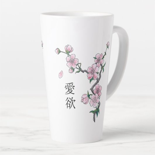 Bloeiende kersenbloesem "Hanami". Latte Mok (Rechterhoek)