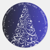 Bloeiende Kerstboom Blauw Retouradres Ronde Sticker (Voorkant)