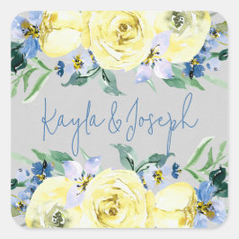Bloeiende Liefde Blauw Geel Bloemen Bruiloft Vierkante Sticker