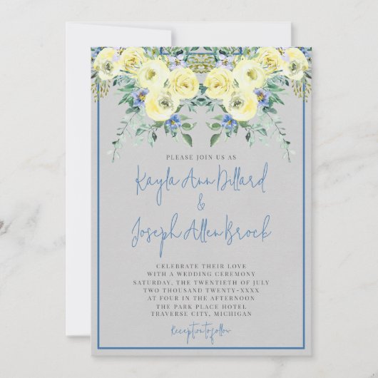 Bloeiende liefde blauw geel lente zomer bruiloft kaart (Voorkant)