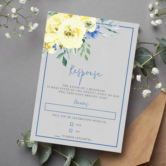 Bloeiende Liefde Geel en Blauw Bloemen RSVP Kaartje