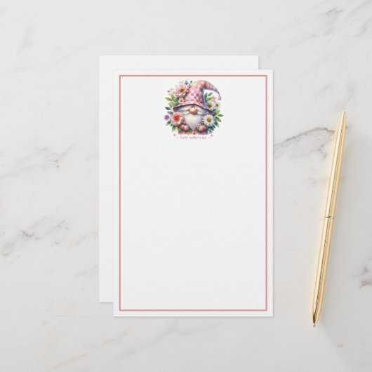 Bloeiende liefde: Moederdag Gnome Briefpapier (Voorkant / Achterkant in situ)