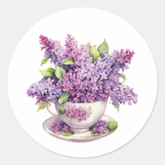 Bloeiende Lila bloemen in een theekopje Ronde Sticker