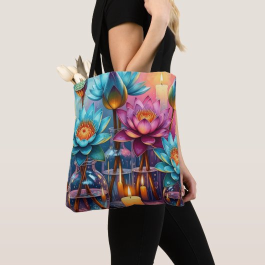 Bloeiende Lotus Waterverf Canvas tas – Vibrant Art (Dichtbij)