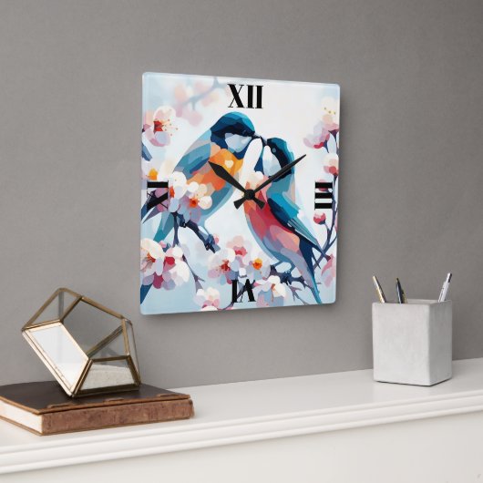 Bloeiende lovebirds vierkante klok (Kantoor)