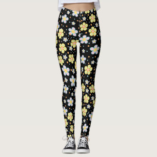 Bloeiende Madeliefjes. Geel en Roze Zwarte BG Leggings