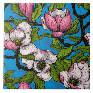 Bloeiende magnolia op blauw tegeltje
