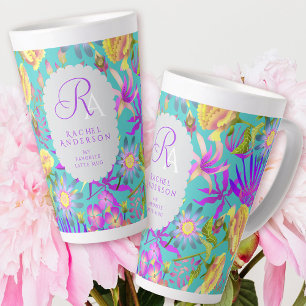 Bloeiende mystieke bloemenmonogram Blauwgroen latt Latte Mok
