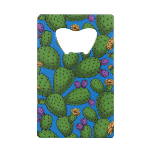 Bloeiende opuntia op blauw creditkaart flessenopener