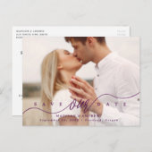 Bloeiende Paarse Script Foto Sla de datum op Aankondigingskaart (Voorkant / Achterkant)