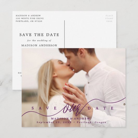 Bloeiende Paarse Script Foto Sla de datum op Aankondigingskaart (Voorkant / Achterkant)