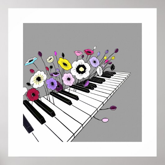 Bloeiende Piano – Minimale Bloemrijke Muziek Poster (Voorkant)
