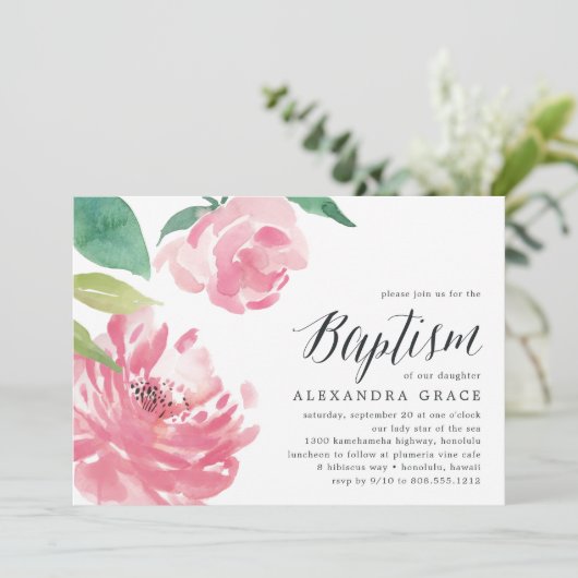 bloeiende pioen | uitnodiging tot doop (Staand voorkant)