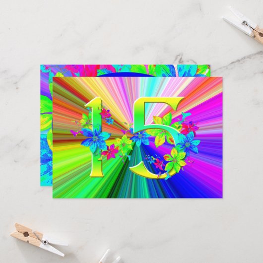 Bloeiende Regenboog Bloemen voor 15e Verjaardag Kaart (Voorkant / Achterkant in situ)