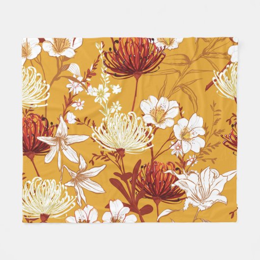 Bloeiende retro: Onvoltooide Bloemenlijn Kunst Fleece Deken (Voorkant (Horizontaal))