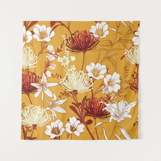 Bloeiende retro: Onvoltooide Bloemenlijn Kunst Wandkleed (Voorkant)