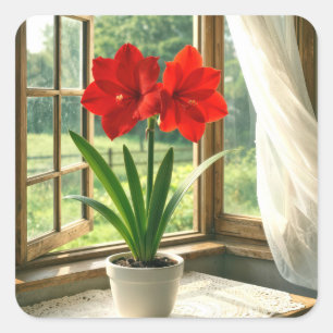 Bloeiende rode amaryllis in zonnig raam vierkante sticker