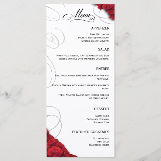 Bloeiende rode rozen bruiloft menu (Voorkant)