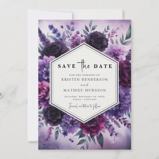 Bloeiende romantische paarse bloemen bruiloft save the date (Voorkant)
