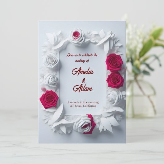 Bloeiende rood en wit roos bloem lijst bruiloft kaart (Staand voorkant)